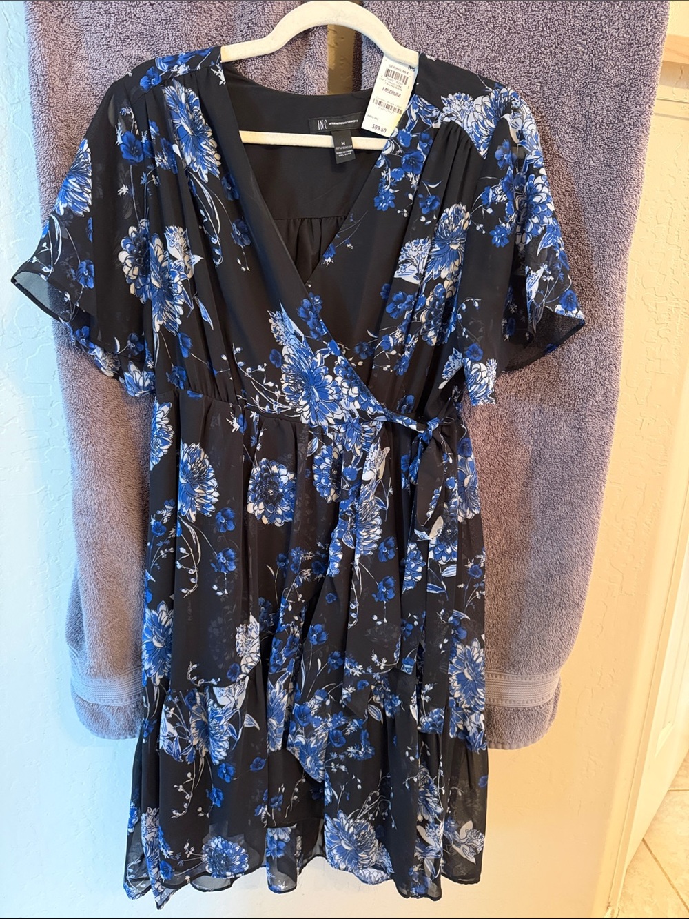 INC International Concepts Black Mini Dress with Blue Floral Print